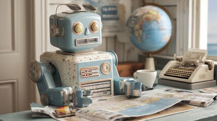 A vintage robot planning a trip with a map globe and typewriter on a desk by a bright window