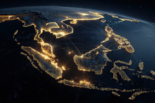 Satellite view of Southeast Asia with Malaysia glowing bright, digital lines connecting to major trade partners.