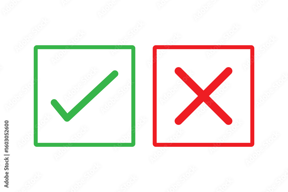Poster green check mark and red cross icon set in circle and square. tick & cross icon button set. yes or n