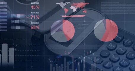 Data table sliding into view while charts animating and payment terminal rotating for data display - Powered by Adobe
