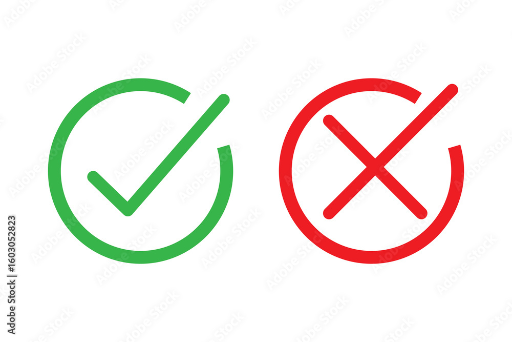 Poster green check mark and red cross icon set in circle and square. tick & cross icon button set. yes or n