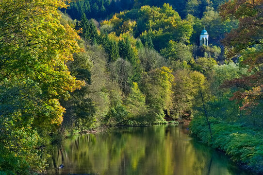 Viewpoint on the Wupper with the Diederichstempel,Solingen,M&uuml;ngsten,Bergisches Land,North Rhine-Westphalia,Germany