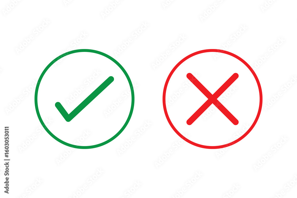 Poster green check mark and red cross icon set in circle and square. tick & cross icon button set. yes or n