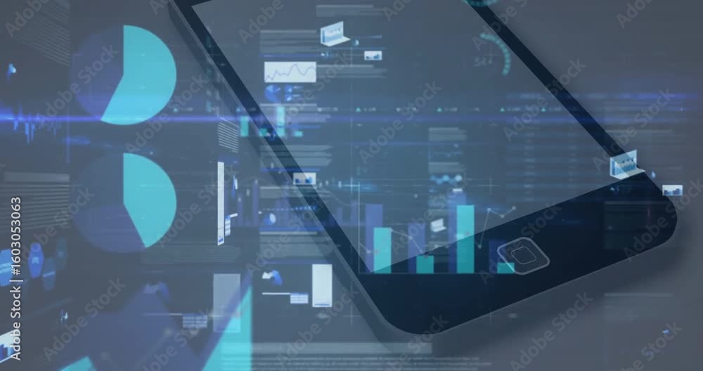Poster line graph sweeping in starting phone projecting hologram charts filling pulsating showing data