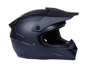A sleek black motorcycle helmet with a clear visor, angled view, designed for safety and speed, isolated on white.