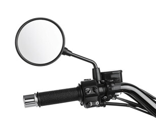 A shiny motorcycle handlebar with a chrome mirror, angled view, isolated on a white background.