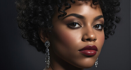 Sophisticated close-up portrait of a woman with medium-dark skin, curvy hair, dark red lips, expressive eyes under soft even lighting against a dark gray background