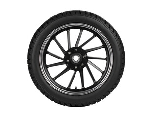A black motorcycle tire with visible tread, angled view, isolated on a white background.