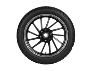 A black motorcycle tire with visible tread, angled view, isolated on a white background.