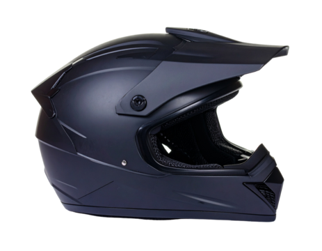 A sleek black motorcycle helmet with a clear visor, angled view, designed for safety and speed, isolated on white.