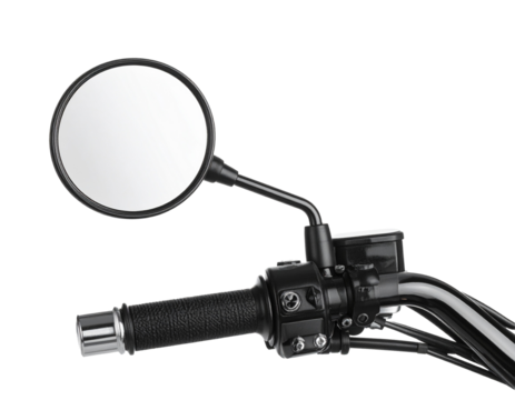 A shiny motorcycle handlebar with a chrome mirror, angled view, isolated on a white background.