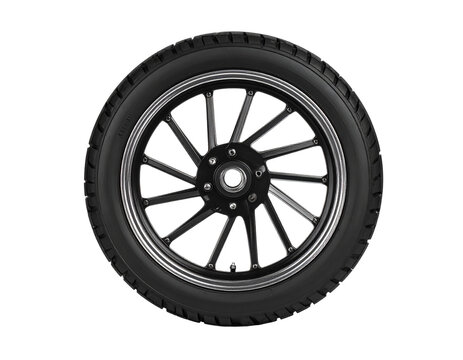 A black motorcycle tire with visible tread, angled view, isolated on a white background.