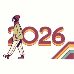Person walking next to bold year typography 2026