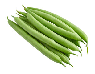 A pile of fresh, crisp organic green beans, ready for cooking, isolated on white.