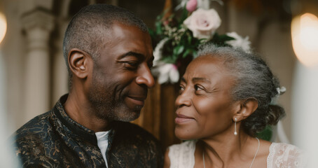 An elderly couple shares a tender moment at their wedding, surrounded by beautiful floral arrangements. The atmosphere is joyful, reflecting love and happiness on this special holiday occasion.