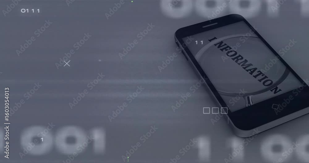 Poster opening with lens enlarging information on smartphone, sliding circuits and code visualizing data