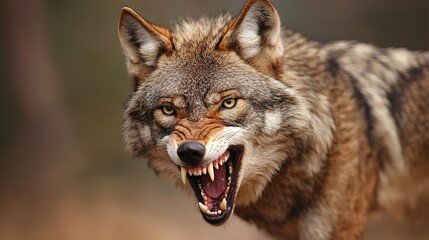 Obraz premium Detailed view of a wolf's powerful teeth exposed in a snarl, menacing, wild