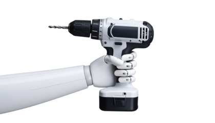 Robot hand holding drill machine isolated on white background. Png