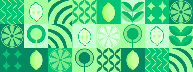 Lemon geometric background. Vector minimalist style pattern. Abstract illustration of lemon, leaves, symbols. Simple icon.	
