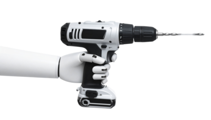 Robot hand holding drill machine isolated on white background