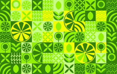 Lemon geometric background. Vector minimalist style pattern. Abstract illustration of lemon, leaves, symbols. Simple icon.	
