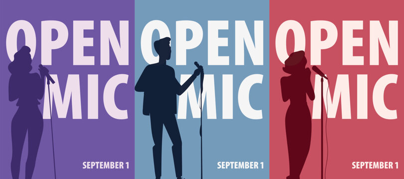 Open Mic event poster pack. Vector illustrations with person silhouette with microphone for placard, social media, event announcement, flyer in minimalist style