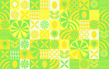 Lemon geometric background. Vector minimalist style pattern. Abstract illustration of lemon, leaves, symbols. Simple icon.	
