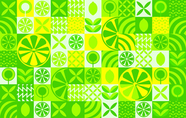 Lemon geometric background. Vector minimalist style pattern. Abstract illustration of lemon, leaves, symbols. Simple icon.	
