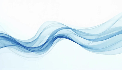 A minimalist abstract background featuring a horizontal flow of translucent, overlapping blue wave-like shapes against a pristine white backdrop. The design conveys a sense of calm, movement,