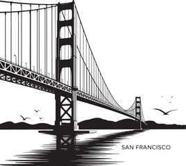 Obraz premium San Francisco Golden Gate Bridge Silhouette with Water Reflection on Transparent Vector