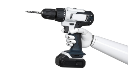 Robot hand holding drill machine isolated on transparent background. Png