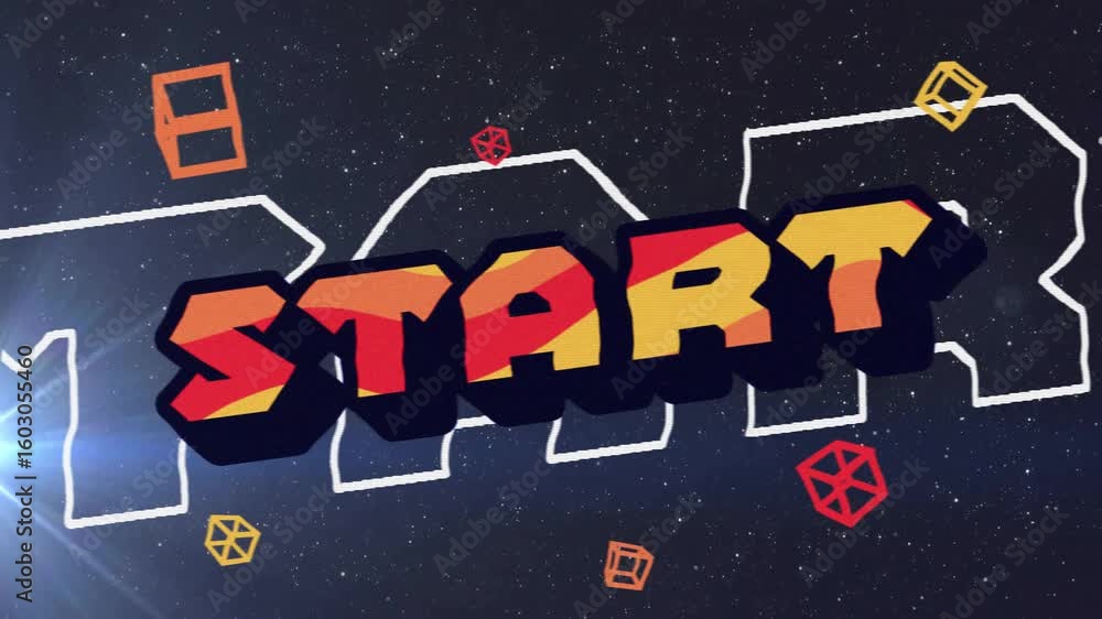 Poster flare pulsing triggers outline fading while wireframe cubes orbiting 3d start graphic launching