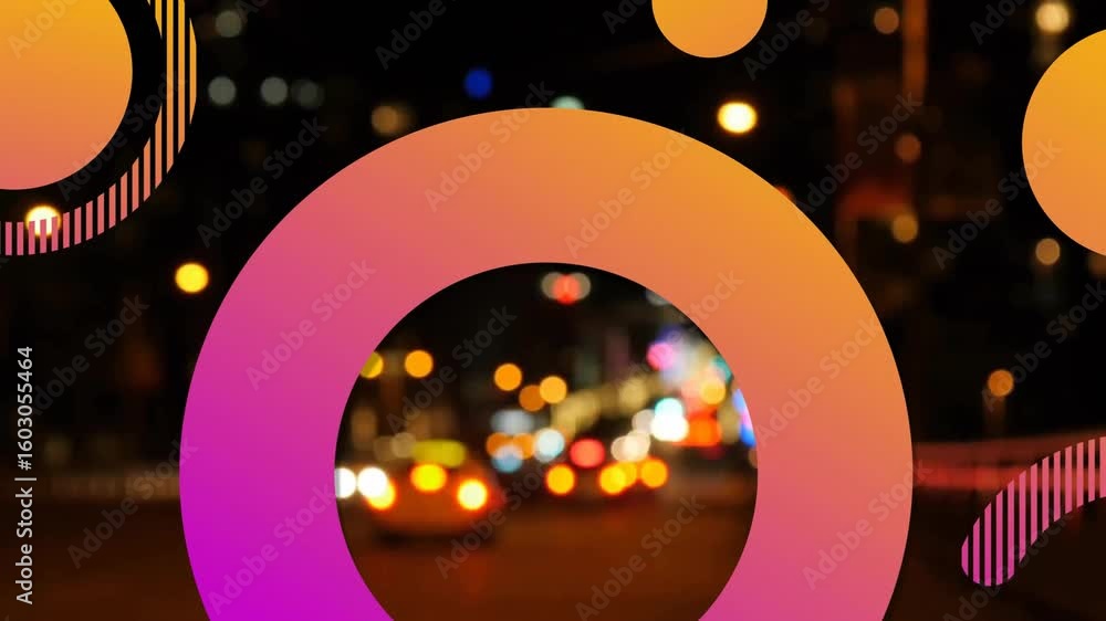 Poster gradient ring fading into view and stripes appearing, looping over night traffic for overlay effect