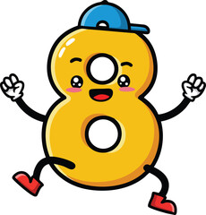 Cute cartoon number eight character with blue cap and red shoes jumping happily vector illustration 