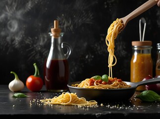 Delicious spaghetti with tomato sauce and olive oil
