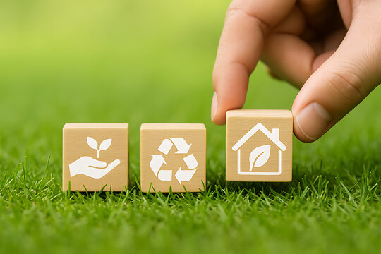 Hand placing wooden block with eco house icon beside growth and recycle blocks on green grass background promoting environmental sustainability and conscious green living choices