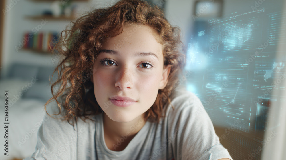 Poster young learner engages in a seminar with a hologram avatar, enhancing study experiences with innovati