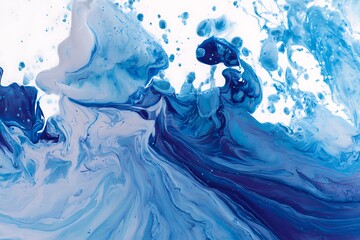 Abstract blue ink swirls and bubbles flowing on a white background isolated on white background