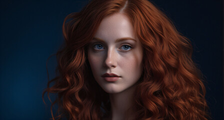 Fototapeta premium Thoughtful close‑up portrait of a woman with fair skin, red curly hair, piercing blue eyes under soft even lighting against a deep blue background