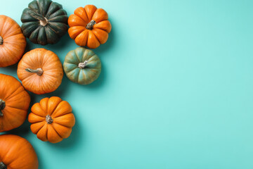 A collection of pumpkins in various colors including orange, green, and teal is displayed on a bright turquoise backdrop, perfect for fall