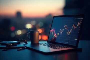 Laptop displaying stock chart at night