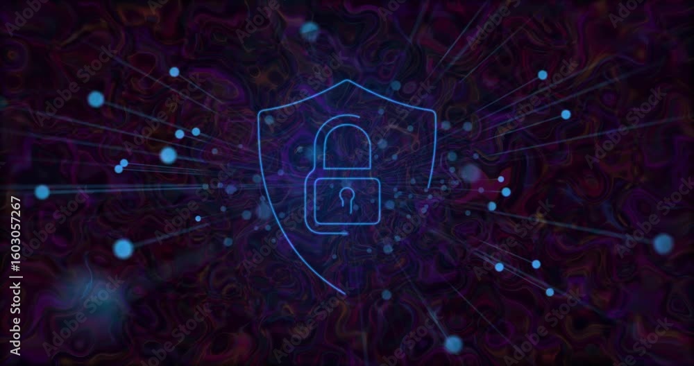 Poster neon blue particles emerging converging into shield and lock extending rays retracting for security