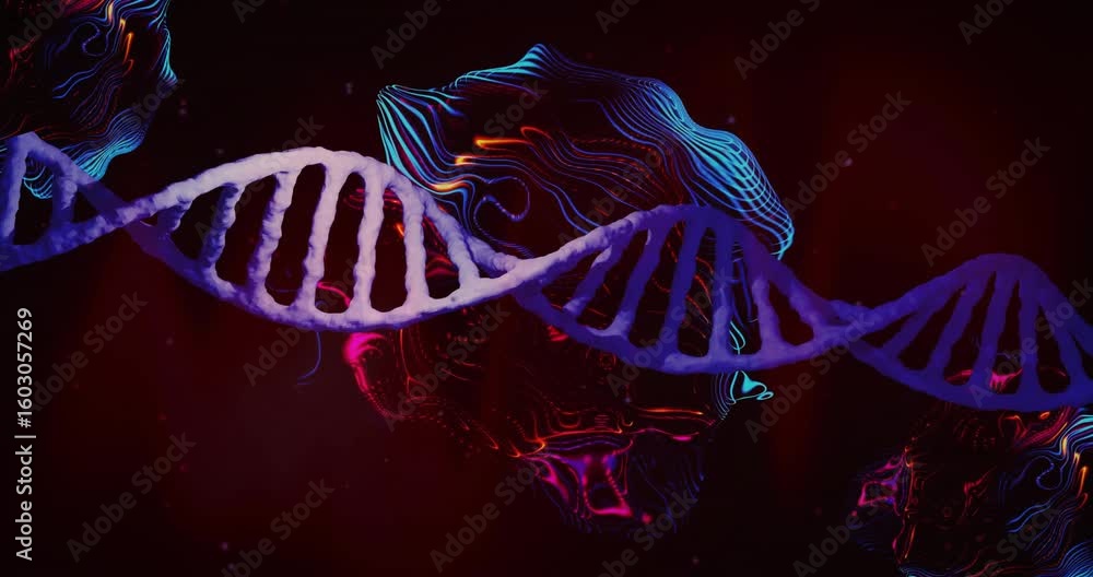 Poster on start violet-blue dna helix drifting right then reversing while oscillating for motion display