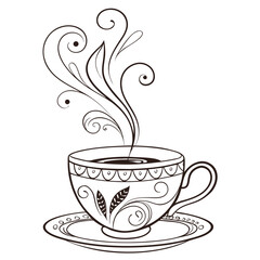 Ornate coffee cup with swirling steam saucer hot beverage