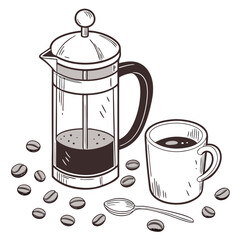 French press coffee cup and beans illustration coffee beans