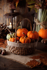 A woven basket sits on a rustic surface, filled with vibrant pumpkins and seasonal leaves, creating a warm autumn atmosphere