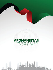 Afghanistan cityscape with flag ribbon Independence Day 19 August vector poster