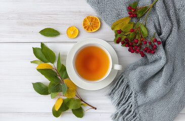 A warm cup of tea sits surrounded by vibrant autumn leaves and dried fruits, resting on a soft gray blanket, evoking a cozy atmosphere