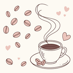 Obraz premium Steaming coffee cup with falling beans and hearts saucer