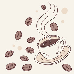 Steaming coffee cup with scattered beans saucer